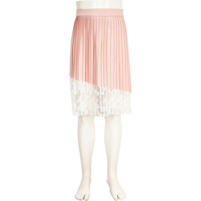 Pink and white lace panel pleated skirt